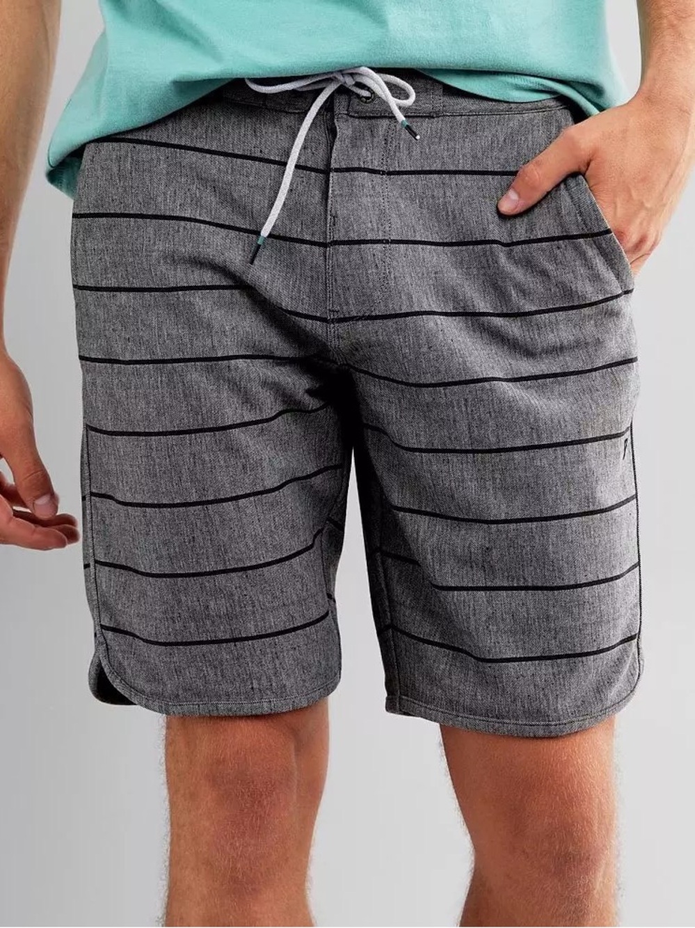 Men's Gray Striped Swim Shorts - Casual Drawstring Beach Trunks
